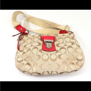 Coach Beige Signature Shoulder Bag with pink Trim
